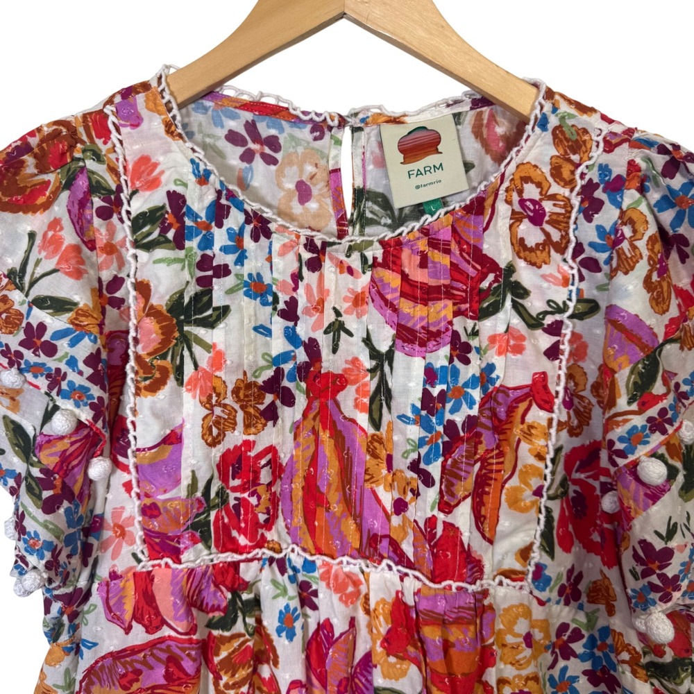 Farm Rio Womens Top Large Floral Swiss Dot Blouse Multi Color Boho Pom Poms - Picture 3 of 11